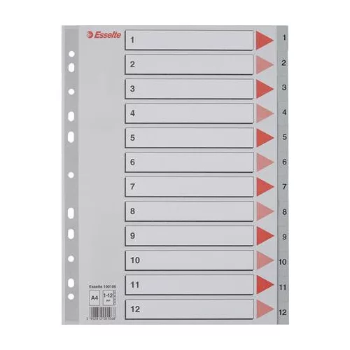 Regiszter, műanyag, A4, 1-12, ESSELTE, szürke