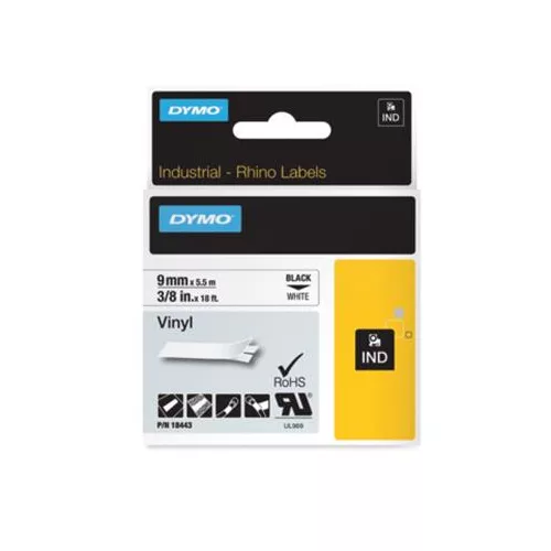 Feliratozógép szalag, vinil, 9 mm x 5,5 m, DYMO "Rhino", fehér-fekete