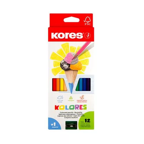 Színes ceruza készlet, háromszögletű, KORES "Triangular", 12 különböző szín