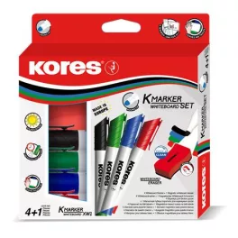   Tábla- és flipchart marker készlet mágneses táblatörlő szivaccsal, 3 mm, kúpos KORES "XW1", 4 különböző szín