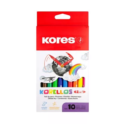 Filctoll készlet, 1-3 mm, kétvégű, kimosható, KORES "Korellos 2in1", 10 különböző szín