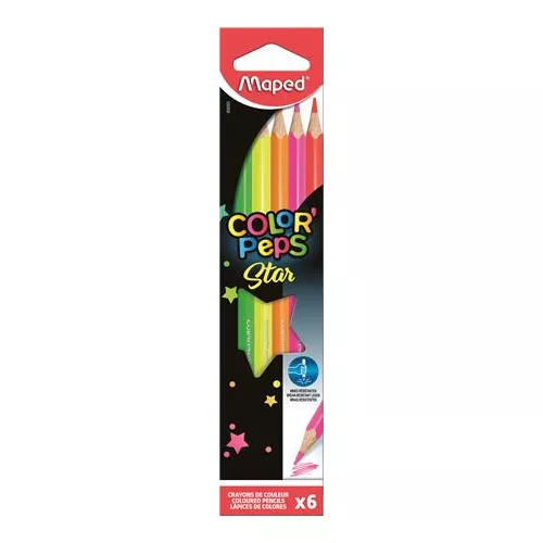 Színes ceruza készlet, háromszögletű, MAPED "Color'Peps Star Fluo", 6 különböző szín