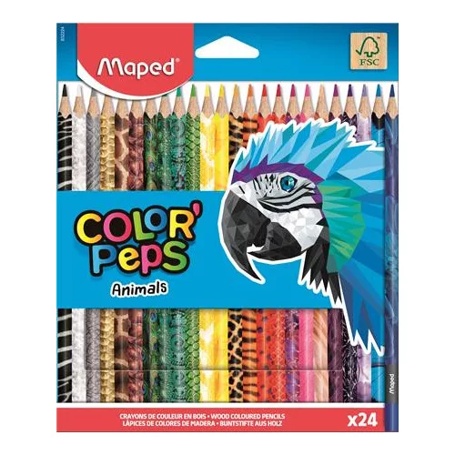 Színes ceruza készlet, háromszögletű, MAPED "Color'Peps Animal", 24 különböző szín