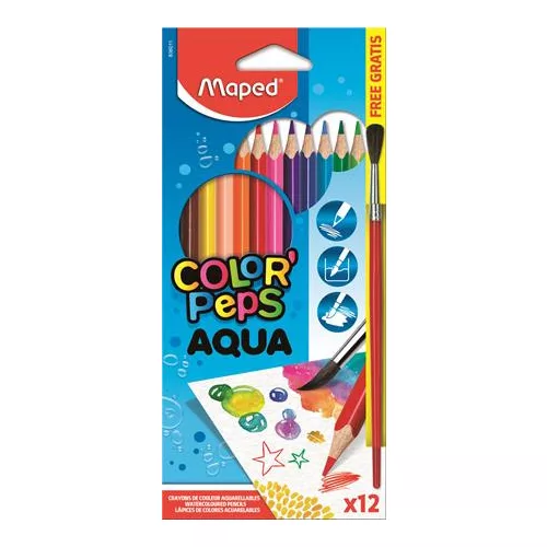 Akvarell ceruza készlet, háromszögletű, ecsettel, MAPED "Color'Peps", 12 különböző szín