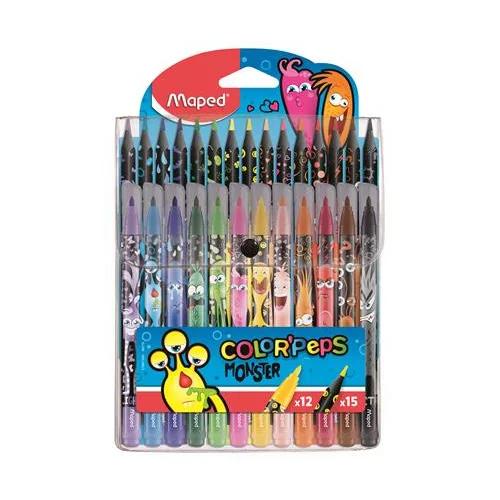 Filctoll és színes ceruza készlet, MAPED "Color'Peps Monster" 12+15 különböző szín