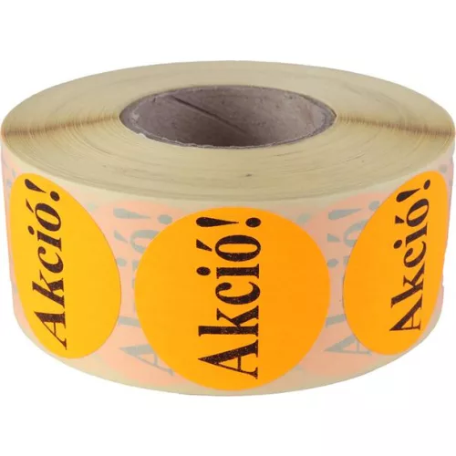 Etikett, 38 mm kör, "AKCIÓ" felirattal, 1000 etikett/tekercs, narancs