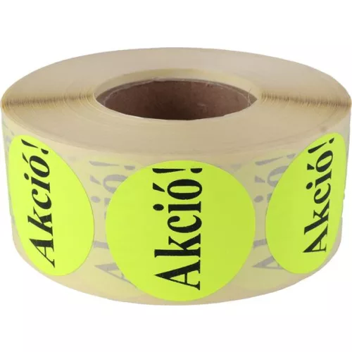 Etikett, 38 mm kör, "AKCIÓ" felirattal, 1000 etikett/tekercs, citromsárga