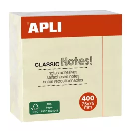   Öntapadó jegyzettömb, 75x75 mm, 400 lap, APLI "Classic", sárga
