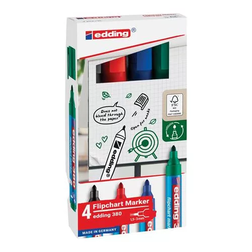 Flipchart marker készlet, 1,5-3 mm, kúpos, EDDING "380", 4 különböző szín