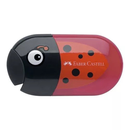 Hegyező és radír, kétlyukú, tartályos, FABER-CASTELL, katicabogár minta