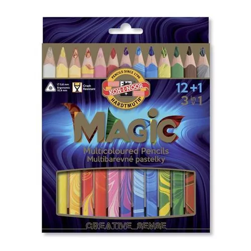 Színes varázsceruza készlet, háromszögletű, KOH-I-NOOR "Magic 3408", 12+1 különböző szín