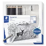 Grafit- és szénceruza készlet, kiegészítőkkel, 12 darabos, STAEDTLER "Mars® Lumograph® 100C"