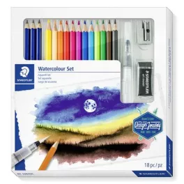   Akvarell ceruza készlet, ecsettel, radírral, hegyezővel, grafitceruzával, STAEDTLER® "146 10C", 12 különböző szín