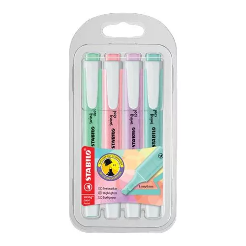 Szövegkiemelő készlet, 1-4 mm, STABILO "Swing Cool Pastel", 4 különböző szín