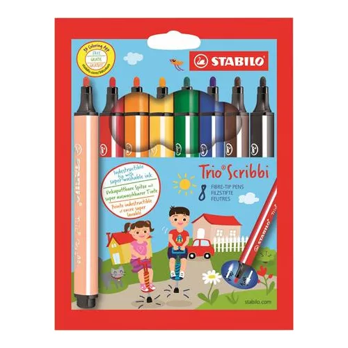 Filctoll készlet, 1,5-2 mm, rugós hegy, STABILO "Trio Scribbi", 8 különböző szín
