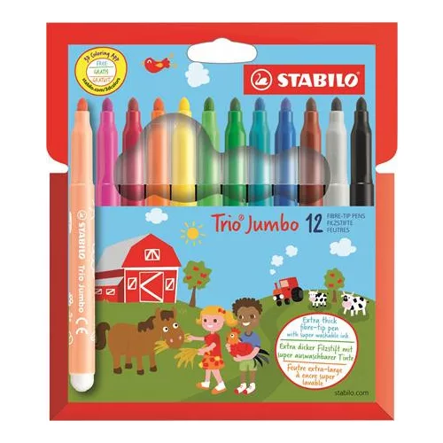 Filctoll készlet, 3 mm, STABILO "Trio Jumbo", 12 különböző szín