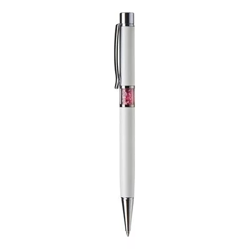 Golyóstoll, fehér, középen rózsaszín SWAROVSKI® kristállyal töltve, 14cm, ART CRYSTELLA®