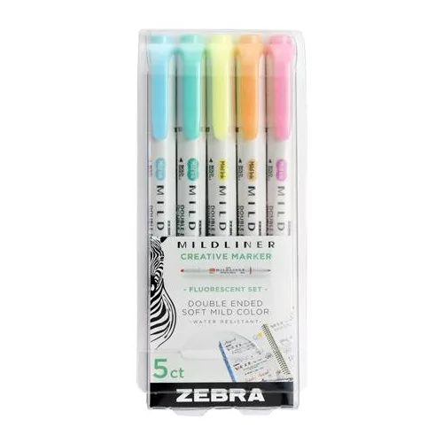 Szövegkiemelő készlet, 1,4/4,0 mm, kétvégű, ZEBRA "Mildliner Fluorescent", 5 szín