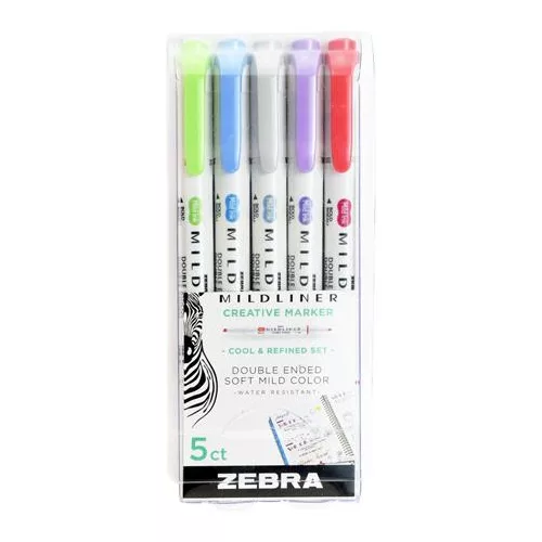 Szövegkiemelő készlet, 1,4/4,0 mm, kétvégű ZEBRA "Mildliner Cool & Refined" 5 szín